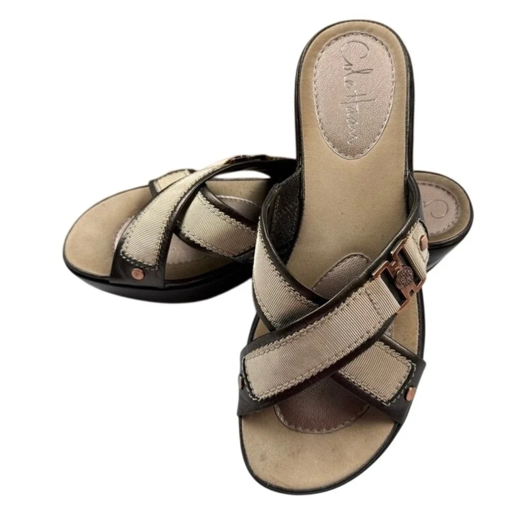 Cole Haan Nike Air Brown Metallic Leather Cross Strap Wedge Sandals 6.5 B